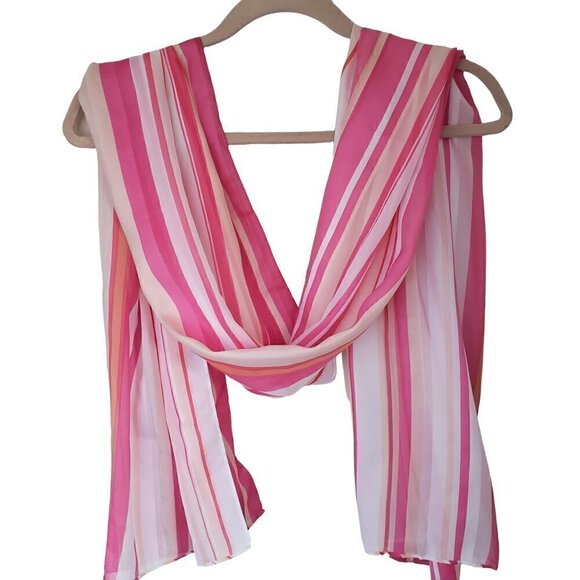 Calvin Klein Striped White Pink Chiffon Long Scarf - Picture 2 of 6